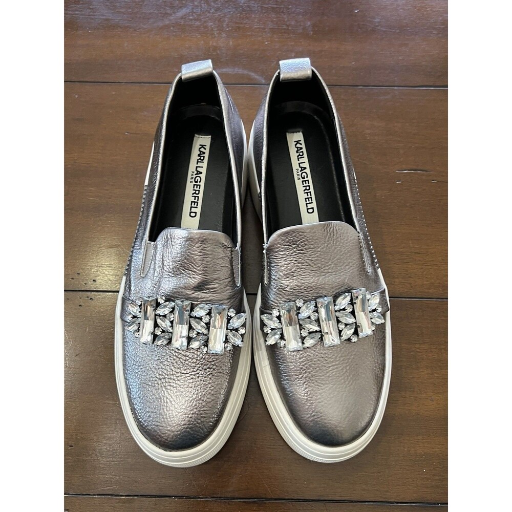 Karl Lagerfeld Paris Lamirra Metallic Pewter Crystal  Slip-On Sneakers 8M